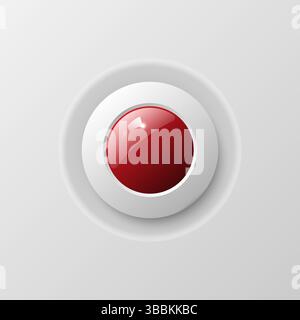 Realistic red push button with glossy shine and 3D style on a light grey background, vector illustration Stock Vector