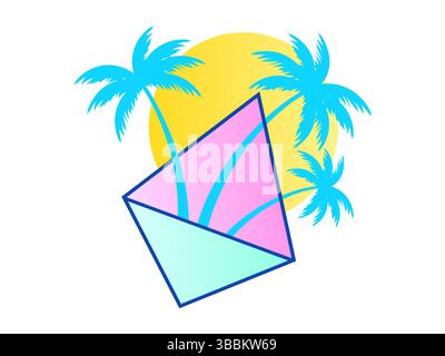 Palm trees with sun and triangle in 3D style on white background. Summer banner. Triangle with gradient borders and stroke. Design for covers, posters Stock Vector