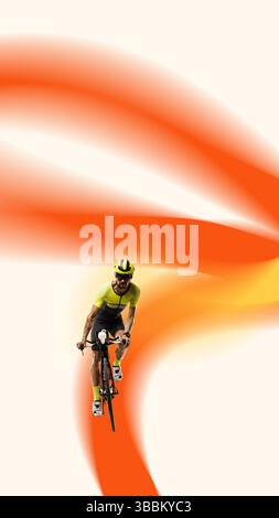 Poster. Contemporary art collage. Male cyclist in yellow rides forward surrounded by sweeping orange light trails. Stock Photo