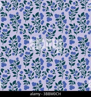 Ripe Blueberry Seamless Pattern with Branches, Berries, and Leaves on Light Purple Background. Juicy Bilberry Hand Drawn Endless Design for Fabric Stock Vector