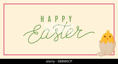 Cute Happy Easter poster or banner template with freshly hatched chick in eggshell Stock Vector