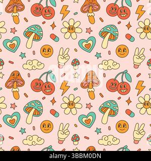 Retro 70s psychedelic seamless patterns. Cartoon funky groovy hippie background with flowers, cherries and mushrooms Stock Vector