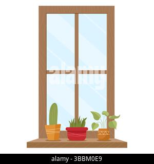 Cartoon Window with House Plant in Flower Pots. Indoor Interior Element Stock Vector