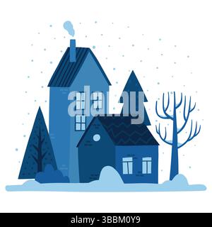 Hand Drawn Winter Landscape with Cute Small Houses, Trees and Bush. Colorful Cozy Buildings in Snow with Smoke from Chimney Stock Vector