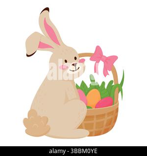 Cute Easter Bunny with a Basket Full of Eggs Isolated on White. Easter Egg Hunt Stock Vector