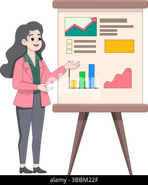 Cartoon illustration of a professional businesswoman presenting graphs and data on a flip chart. The scene includes bar charts, line graphs, and infog Stock Vector