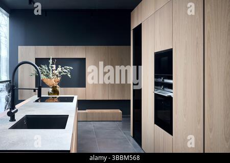 Modern and elegant wooden minimalism flat design with built in equipment kitchen. Wooden cupboards and big window with blinds oven microwave built kit Stock Photo