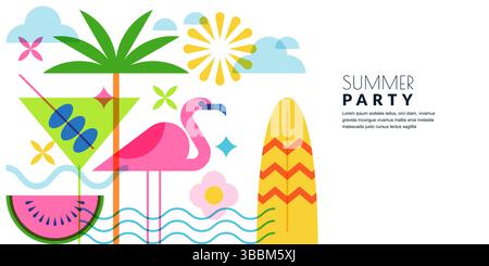 Summer geometric white background with palm, flamingo, cocktail, watermelon. Vector flat illustration. Horizontal beach party banner, poster, flyer, i Stock Vector