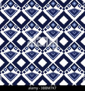 Seamless boho pattern with ikat and tribal fabric elements. Tribal geometric design in blue denim and blue stone. A romantic ethnic style. perfect for Stock Photo