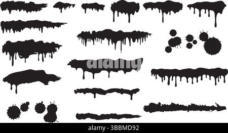 Dark Dribble Paint Effects  Messy Leak and Splatter Brush Stroke Collection Stock Vector