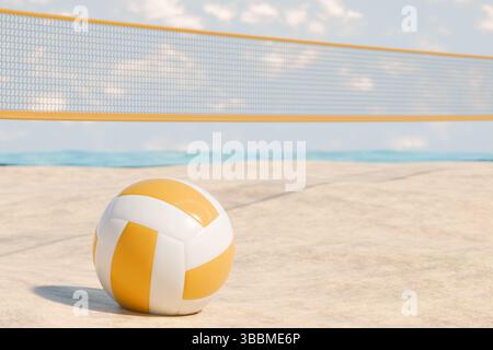 A volleyball on a sandy beach court with a net in the background, ideal for summer holiday activities. 3d rendering Stock Photo