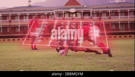 Image of neon stadium over diverse rugby players at stadium playing Stock Photo