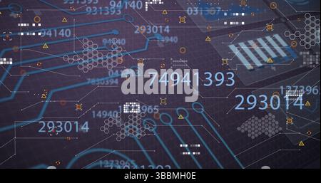 Displaying glowing cyan circuits over dark grid, with digits, hexagons and warning triangles Stock Photo