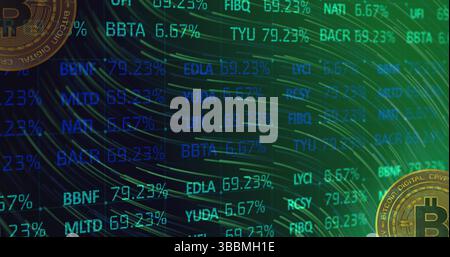Image of financial data processing and bitcoins over dark background Stock Photo