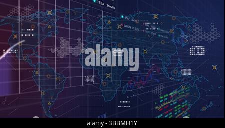 Displaying world map interface with gridlines, warning icons, numeric text stream on dashboard Stock Photo
