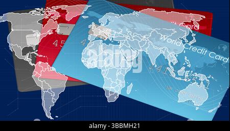 Displaying stacked red gray blue payment cards on blue layout with world map overlay, numeric codes Stock Photo