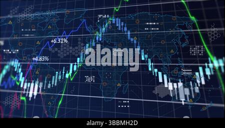 Displaying candlestick chart tracing trend lines in digital trading dashboard, with map overlay Stock Photo