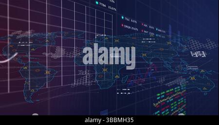 Displaying holographic world map with 3D grid, data overlays in control room, with floating tickers Stock Photo