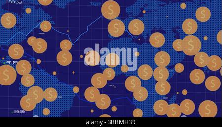 Displaying financial data across blue world map in dashboard, with orange coin icons and line graph Stock Photo