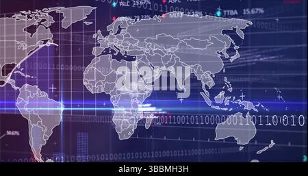 Displaying world map outline floating on grid screen, with binary, bar chart, ticker data Stock Photo