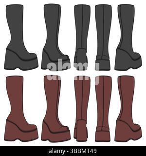Set of colored retro platform boots. Isolated vector objects on white background. Stock Vector