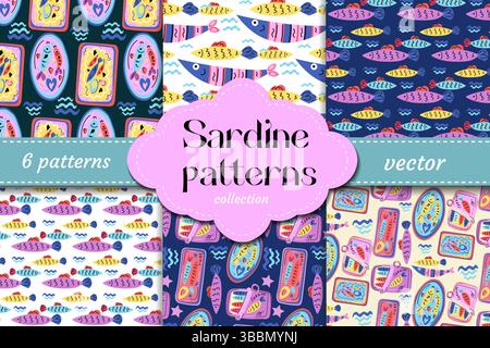 Fun sardine vector patterns in pop colors with fish, canned seafood and sea waves. Great for packaging, kids design and trendy Mediterranean prints. Stock Vector