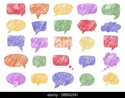 Bright crayon-sketched speech bubbles emphasizing creativity. Features hand-drawn design in vibrant colors. Ideal for communication motifs. Vector ill Stock Vector