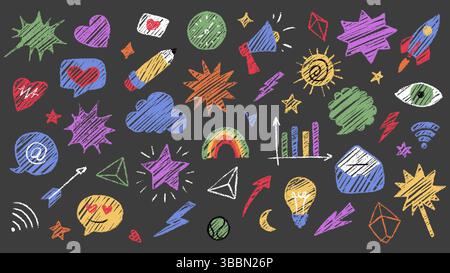 Colorful crayon doodles featuring vibrant artistic icons and symbols. Elements such as stars, hearts and speech bubbles hand drawn with creativity and Stock Vector
