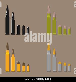 Vector set of different caliber bullets with shadow on the background Stock Vector