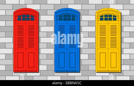 Three doors red blue yellow vector on brick background Stock Vector