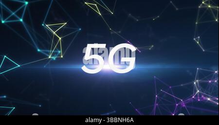 Spreading neon network lines across tech-themed digital space, with glowing 5G text Stock Photo