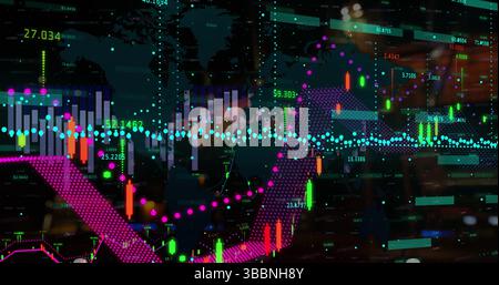 Displaying digital financial chart overlay on virtual trading dashboard, with candlestick bars Stock Photo