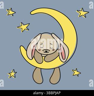 Bunny Sleeping On The Moon In Cartoon-Style Vector Illustration Stock Vector