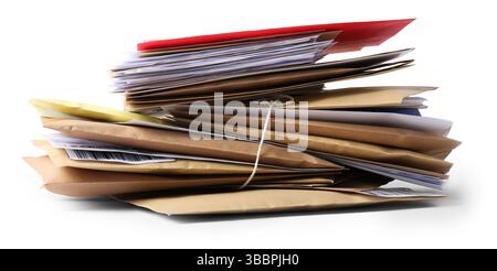 Stack of different paper envelopes isolated on white. Post office Stock Photo