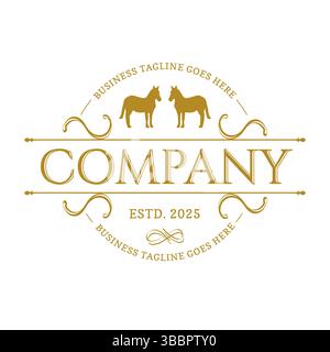 Horse Badge Stallion or Equestrian Logo with Standing Elegant Horses in Retro Vintage Style Stock Vector