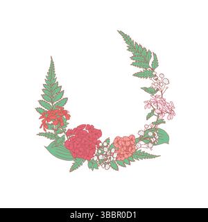 Hand drawn line art retro palette sweet william and geranium flowers round wreath isolated on white background Stock Vector