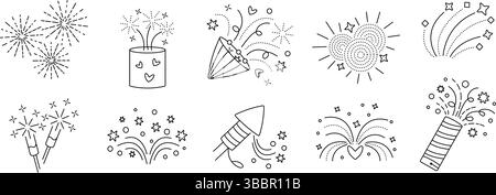 Fireworks icon set. Sparklers and firecrackers black line pictograms. Salute, sparkle editable stroke signs. Vector collection for festive events, con Stock Vector