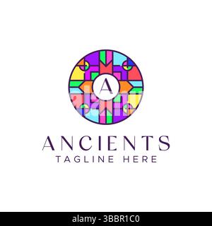 Geometric Logo Initial at Circle Frame with Ethnic Concept and Colorful. Floor Tile Ceramic Ornament Vintage Abstract Illustration. Stock Vector