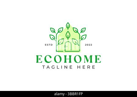 Eco Home Cottage Village Logo with Green Leaf and Door Shape for Business Environment Property Healthy Life Style Concept. Stock Vector