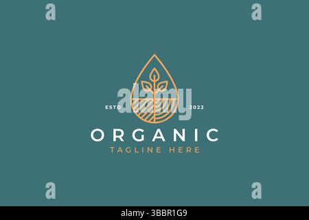 Organic Logo with Abstract Geometric Illustration Plant, Water Drop, Field for Food, Healthy Life and Agriculture Industry Brand Identity Concept. Stock Vector