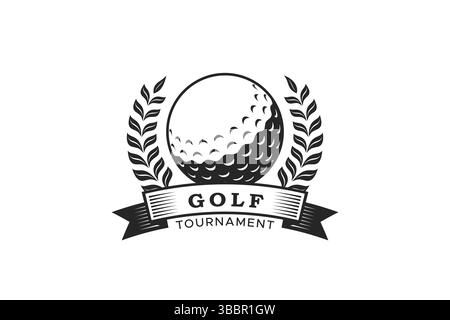 Golf Logo Tournament, League Exercise, Club, Team and Championship with Retro Style Badge Wreath and Banner Name. Stock Vector