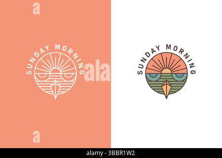 Illustration Abstract of Sunrise and Owl Logo Concept on Circle Shape. Vintage Creative Branding Design Sunday Morning. Stock Vector