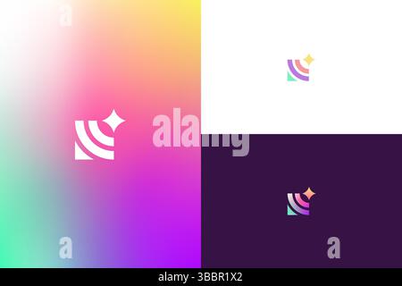 Box and 4 Point Star Abstract Mobile App Icon Logo with Gradient Colorful. Business Company Simple Minimalist Branding. Stock Vector