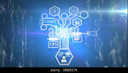 Displaying central network diagram glowing in virtual dashboard, with hexagonal protocol icons Stock Photo