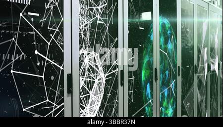 Displaying server rack glass door featuring illuminated network patterns in data center, with LEDs Stock Photo