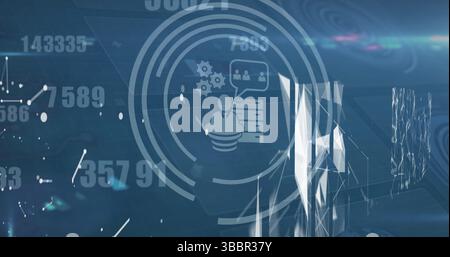 Displaying central user icon floating within futuristic data HUD, with server racks, speech bubble Stock Photo