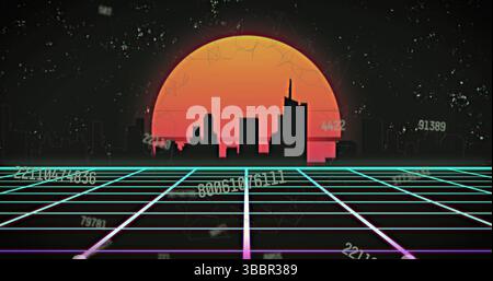 Image of falling numbers over grid and cityacape Stock Photo