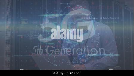 Image of 5g text over caucasian it male engineer with laptop by computer servers Stock Photo