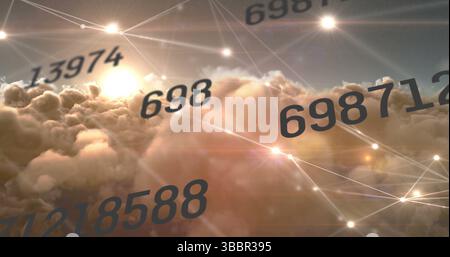 Image of networks of connections with icons over clouds and sky Stock Photo