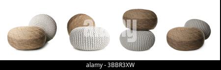 Different poufs isolated on white, collage. Interior element Stock Photo